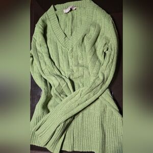 Loft Green Cable Knit V-Neck Sweater